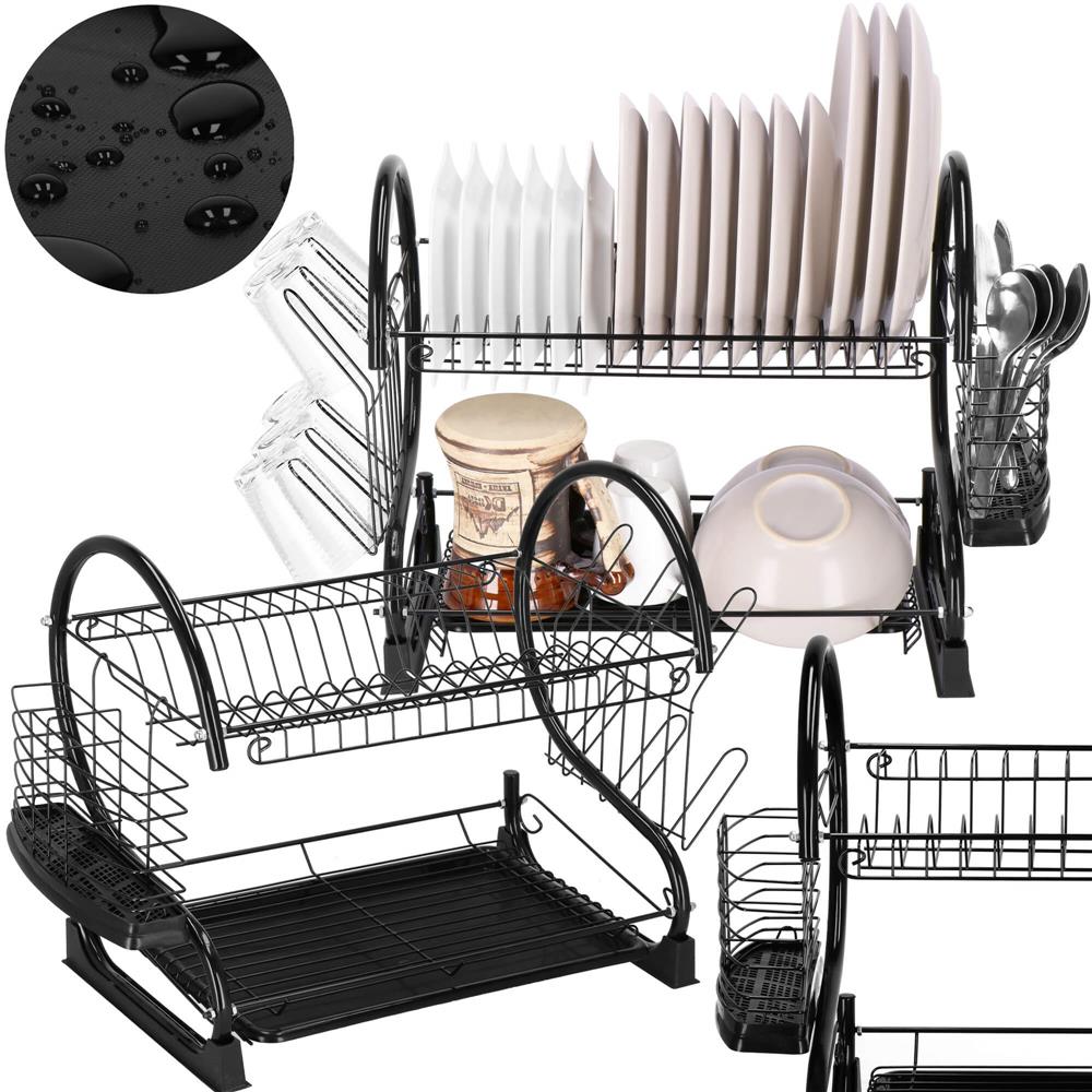Uscator de vase cu suport pahare si tacamuri, din otel, pe 2 nivele, cu tava de scurgere, 52x25x37cm, negru - Image 5
