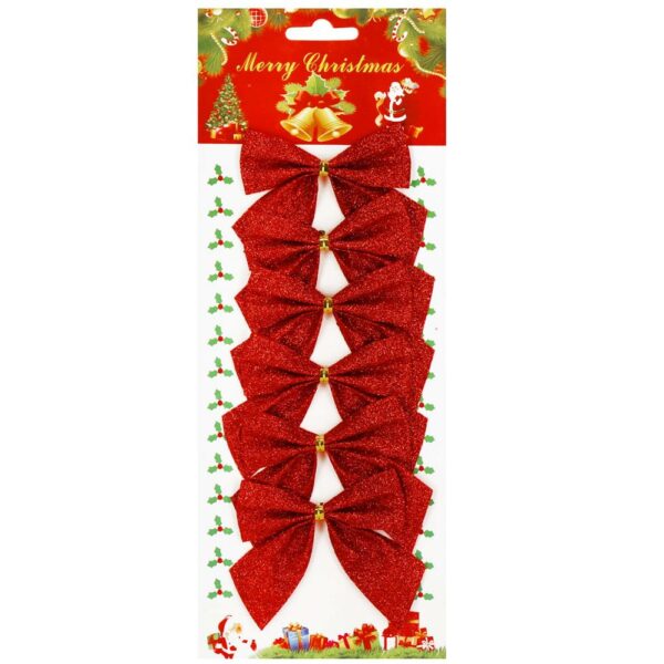 6 db-os karácsonyfadísz készlet, masni, 8cm, piros, csillámos - Image 4