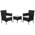 Terasz bútor készlet, technorattan, asztal biztonsági üveglappal, 2 fotel párnákkal, fekete