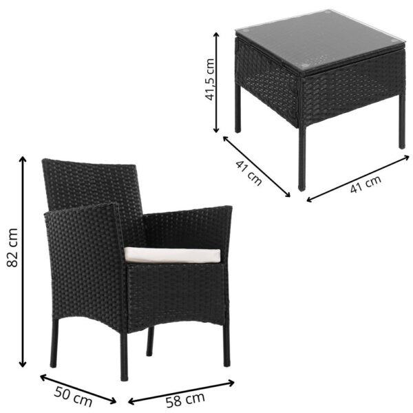 Terasz bútor készlet, technorattan, asztal biztonsági üveglappal, 2 fotel párnákkal, fekete - Image 39