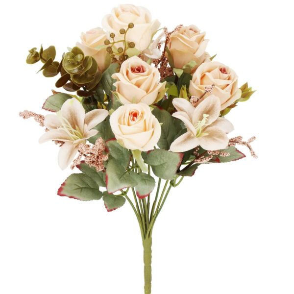 Buchet de flori artificiale din poliester, 10 fire trandafiri si crini, 37cm, crem - Image 5