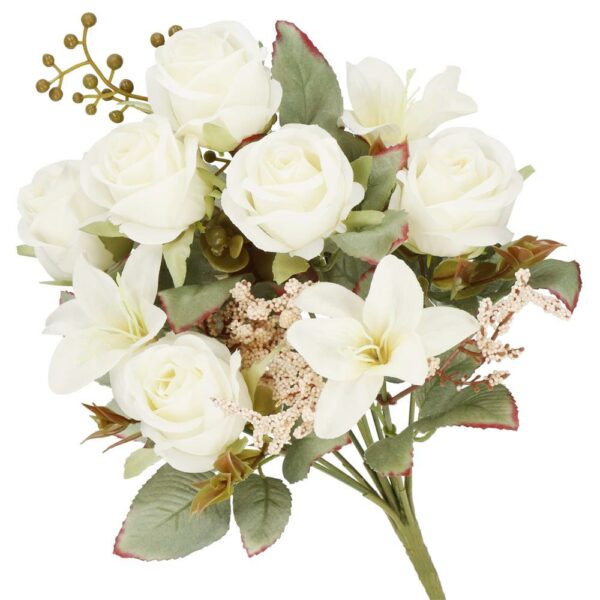 Buchet de flori artificiale din poliester, 9 fire trandafiri si crini, 37cm, alb - Image 5