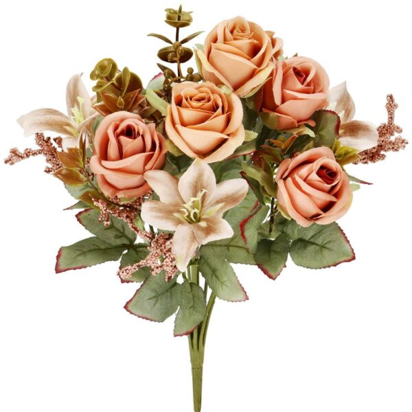 Buchet de flori artificiale din poliester, 9 fire trandafiri si crini, 37cm, roz - Image 5