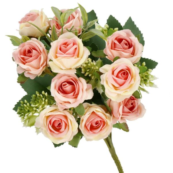 Buchet de flori artificiale din poliester, 10 fire trandafiri, 29cm, roz - Image 5