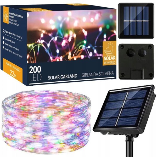 Fényfüzér napelemes töltéssel, 200 LED, 22 méter, 8 funkciós, sokszínű - Image 5