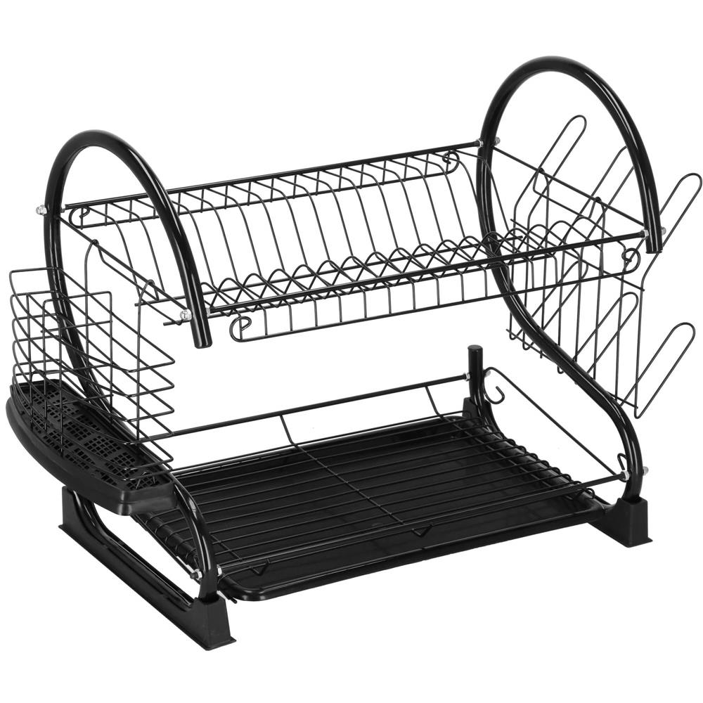 Uscator de vase cu suport pahare si tacamuri, din otel, pe 2 nivele, cu tava de scurgere, 52x25x37cm, negru