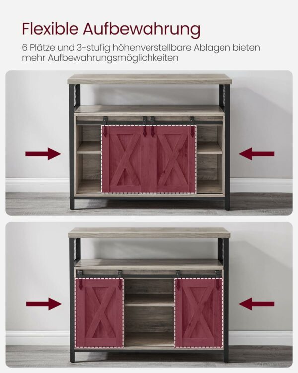 VASAGLE Fiókos szekrény nappaliba vagy konyhába, 2 tolóajtóval, állítható polcokkal, rusztikus stílus, 33x100x80cm, szürke - Image 5