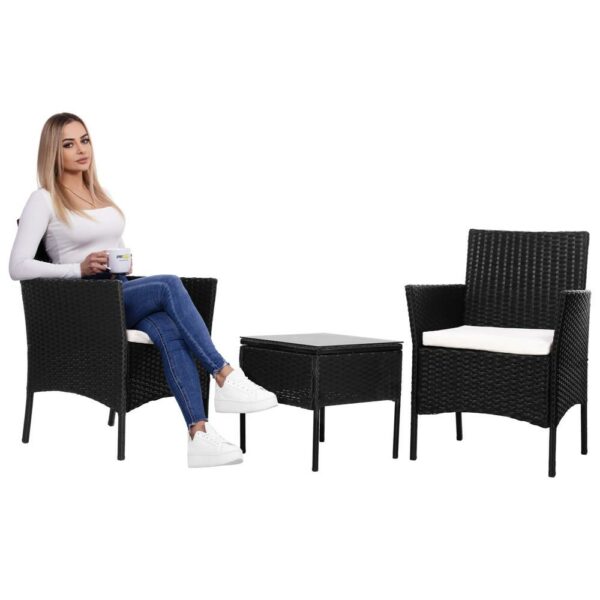 Terasz bútor készlet, technorattan, asztal biztonsági üveglappal, 2 fotel párnákkal, fekete - Image 6