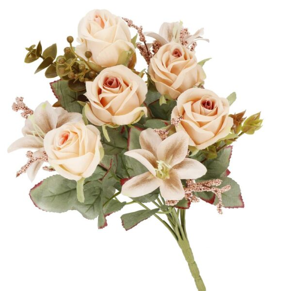 Buchet de flori artificiale din poliester, 10 fire trandafiri si crini, 37cm, crem - Image 6