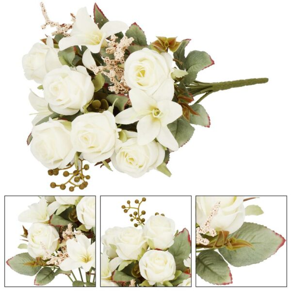Buchet de flori artificiale din poliester, 9 fire trandafiri si crini, 37cm, alb - Image 6