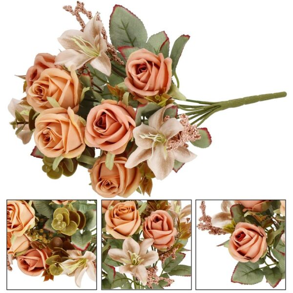 Buchet de flori artificiale din poliester, 9 fire trandafiri si crini, 37cm, roz - Image 6