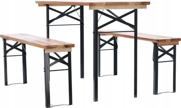 Tömör fából készült vízálló sörfőzde teraszra vagy kertre, asztallal és két paddal, 117x56cm, natúr - Image 6