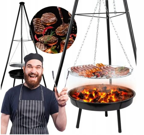 Fém grillrács, állvánnyal és függesztett főzőlappal, állítható, 147x95cm - Image 7