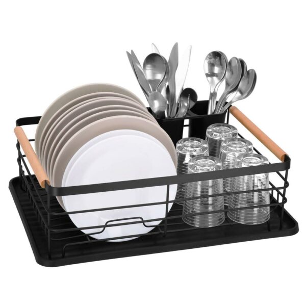 Uscator de vase cu suport tacamuri, din otel, cu tava de scurgere, manere lemn, 42x32x15cm, negru - Image 6