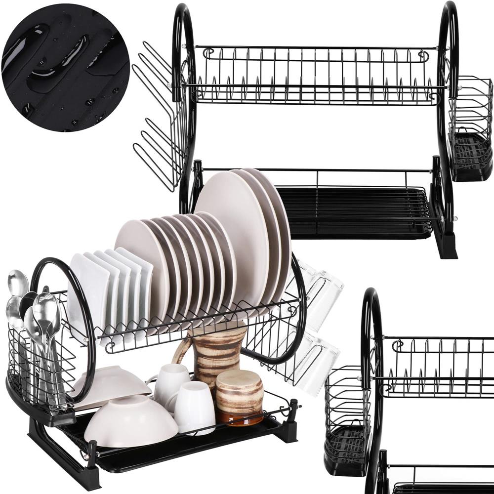 Uscator de vase cu suport pahare si tacamuri, din otel, pe 2 nivele, cu tava de scurgere, 52x25x37cm, negru - Image 6