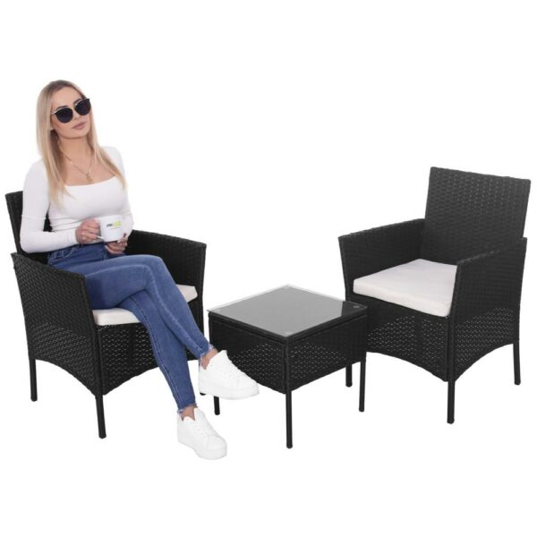 Terasz bútor készlet, technorattan, asztal biztonsági üveglappal, 2 fotel párnákkal, fekete - Image 7