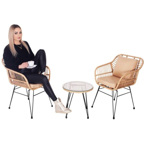 Terasz bútor garnitúra, rattan, asztal biztonsági üveglappal, 2 fotel párnákkal, barna - Image 6