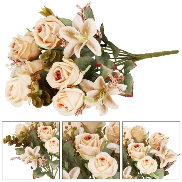 Buchet de flori artificiale din poliester, 10 fire trandafiri si crini, 37cm, crem - Image 7