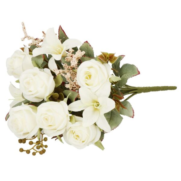 Buchet de flori artificiale din poliester, 9 fire trandafiri si crini, 37cm, alb - Image 7