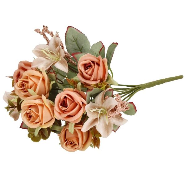Buchet de flori artificiale din poliester, 9 fire trandafiri si crini, 37cm, roz - Image 7