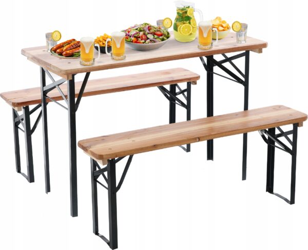 Tömör fából készült vízálló sörfőzde teraszra vagy kertre, asztallal és két paddal, 117x56cm, natúr - Image 7