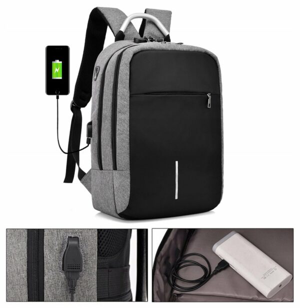 Vízálló hátizsák, lopásgátlóval, USB port, 45x14x30cm, 25 liter, fekete és szürke - Image 7
