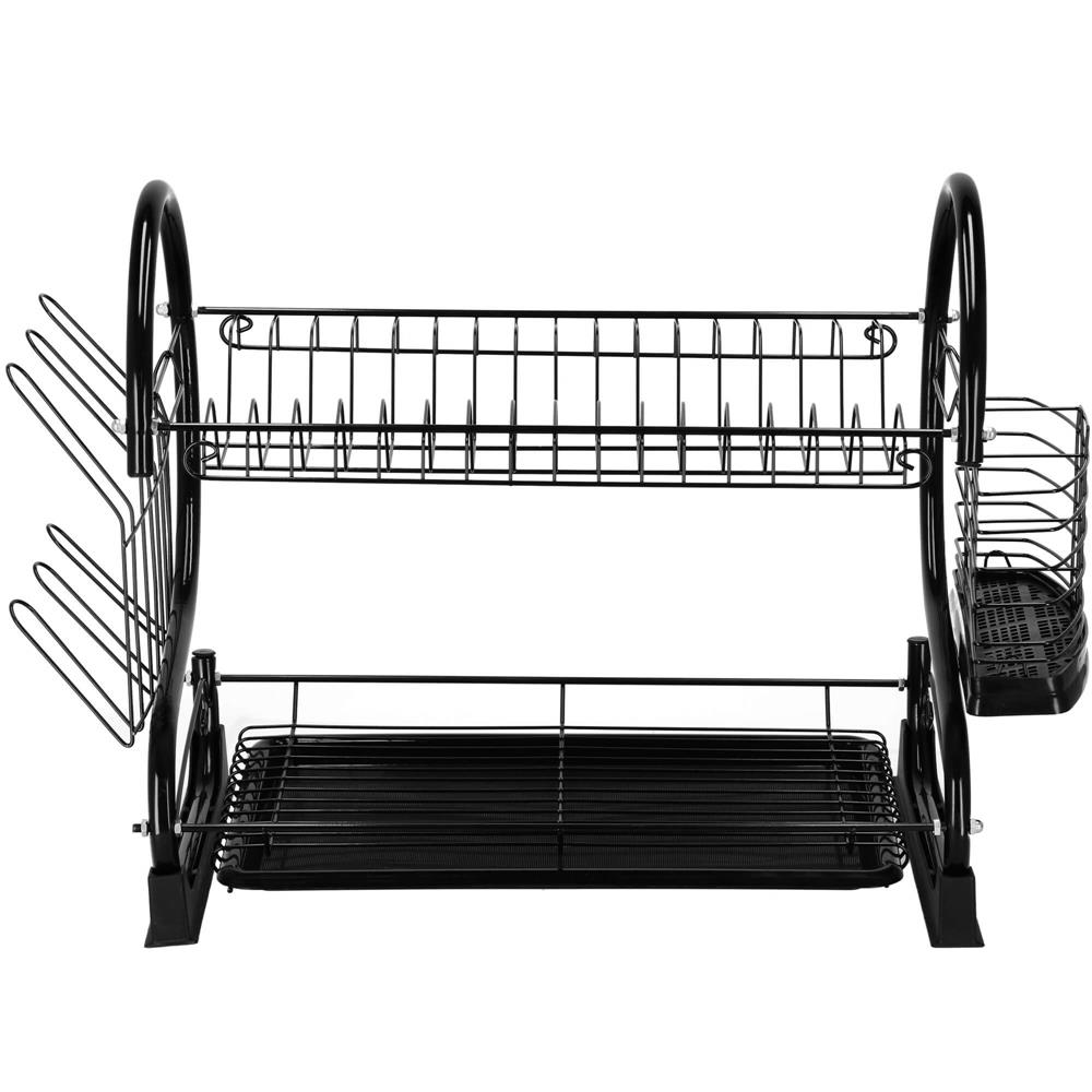 Uscator de vase cu suport pahare si tacamuri, din otel, pe 2 nivele, cu tava de scurgere, 52x25x37cm, negru - Image 7