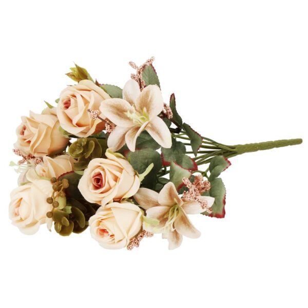 Buchet de flori artificiale din poliester, 10 fire trandafiri si crini, 37cm, crem - Image 8