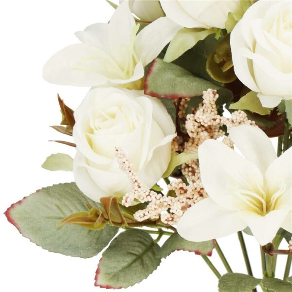 Buchet de flori artificiale din poliester, 9 fire trandafiri si crini, 37cm, alb - Image 8