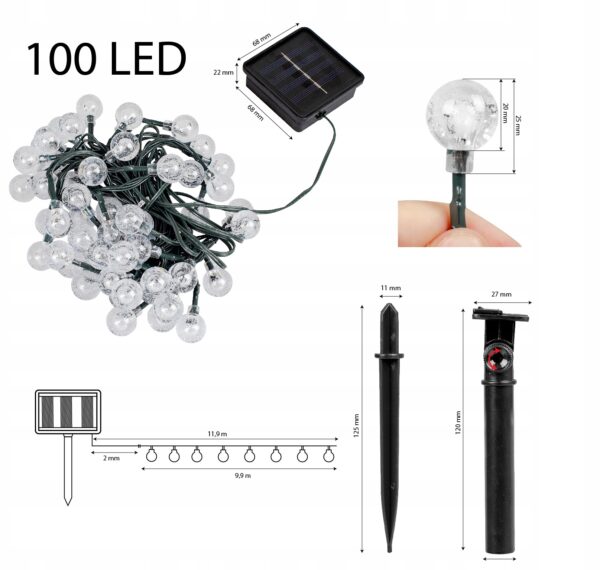 Fényfüzér, LED, 100 kis izzó, 10 m, napelemes töltés, meleg fehér fény - Image 7