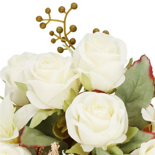 Buchet de flori artificiale din poliester, 9 fire trandafiri si crini, 37cm, alb - Image 9