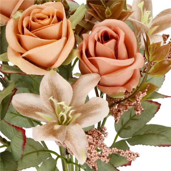 Buchet de flori artificiale din poliester, 9 fire trandafiri si crini, 37cm, roz - Image 9