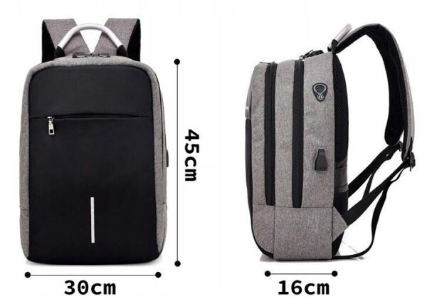 Vízálló hátizsák, lopásgátlóval, USB port, 45x14x30cm, 25 liter, fekete és szürke - Image 9