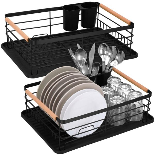 Uscator de vase cu suport tacamuri, din otel, cu tava de scurgere, manere lemn, 42x32x15cm, negru - Image 9