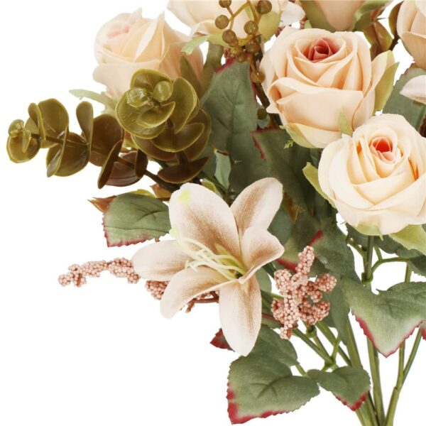 Buchet de flori artificiale din poliester, 10 fire trandafiri si crini, 37cm, crem - Image 9