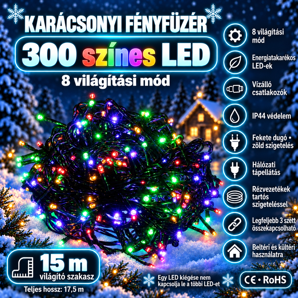 Karácsonyfadísz fényfüzér, 17,5 méter, 300 LED, 8 funkció, többszínű - Image 16