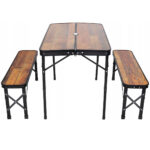 Összecsukható kempingbútor szett, asztal 2 paddal, acél szerkezet MDF lappal, 90x60cm, barna