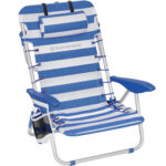 SONGMICS Scaun de plaja portabil cu spatar rabatabil in 4 pozitii, cu cotiere, maxim 150kg, alb albastru