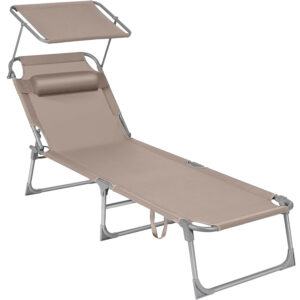SONGMICS Sezlong pliabil, cu parasolar si tetiera, spatar reglabil in 4 pozitii, maxim 150kg, 193x53x29cm, crem