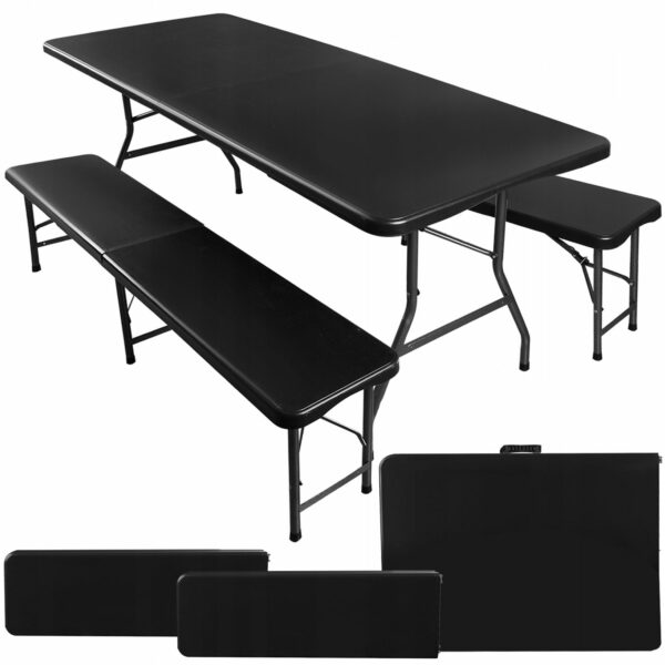Set masa cu 2 banci pliabile tip valiza pentru gradina, camping, terase, 180x74x74cm, negru - Image 2