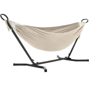 SONGMICS Hamac cu cadru metalic, reglabil la 5 inaltimi, maxim 240 kg, 300x90x95cm, bej