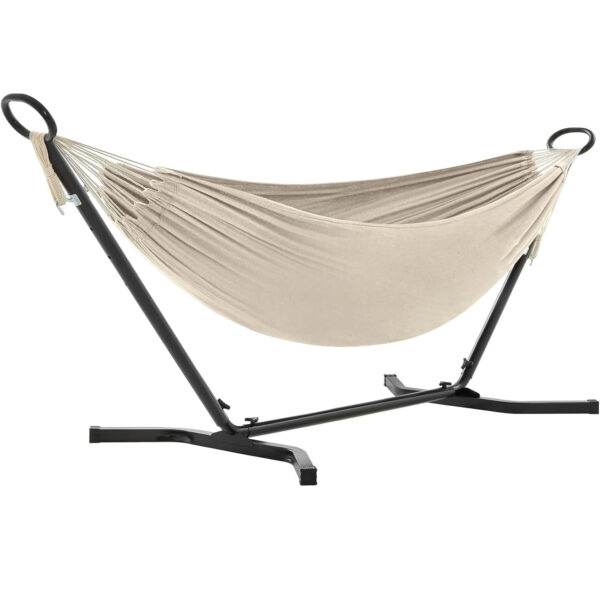 SONGMICS Hamac cu cadru metalic, reglabil la 5 inaltimi, maxim 240 kg, 300x90x95cm, bej