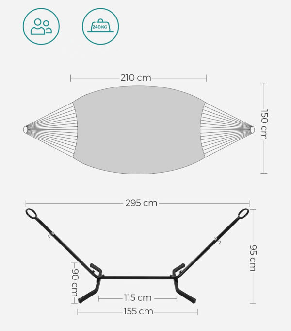 SONGMICS Hamac cu cadru metalic, reglabil la 5 inaltimi, maxim 240 kg, 300x90x95cm, bej - Image 6