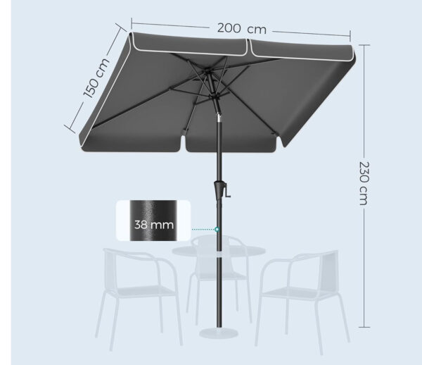 SONGMICS Umbrela terasa gradina, cu manivela si inclinare, 200x150cm, gri - Image 7