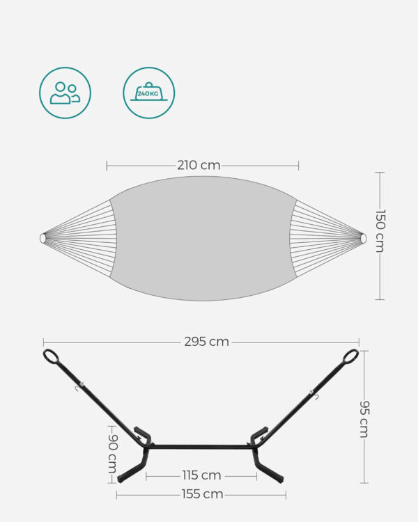 SONGMICS Hamac cu cadru metalic, reglabil la 5 inaltimi, maxim 240 kg, 300x90x95cm, gri - Image 6