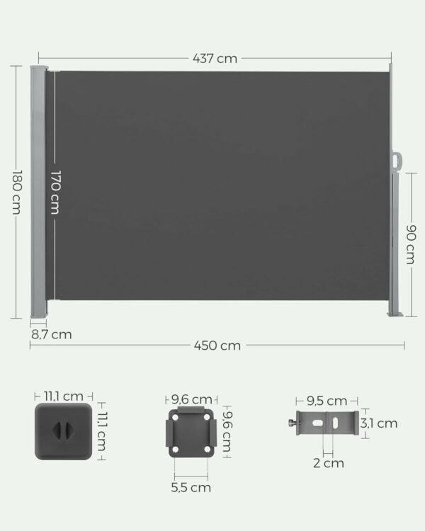 SONGMICS Paravan lateral pentru intimitate, extensibil, sistem fixare inclus, 180x450cm, gri - Image 12