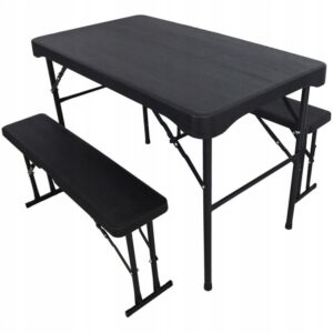Összecsukható kempingbútor készlet, asztal 2 paddal, acél szerkezet HDPE-vel, 108x60cm, fekete
