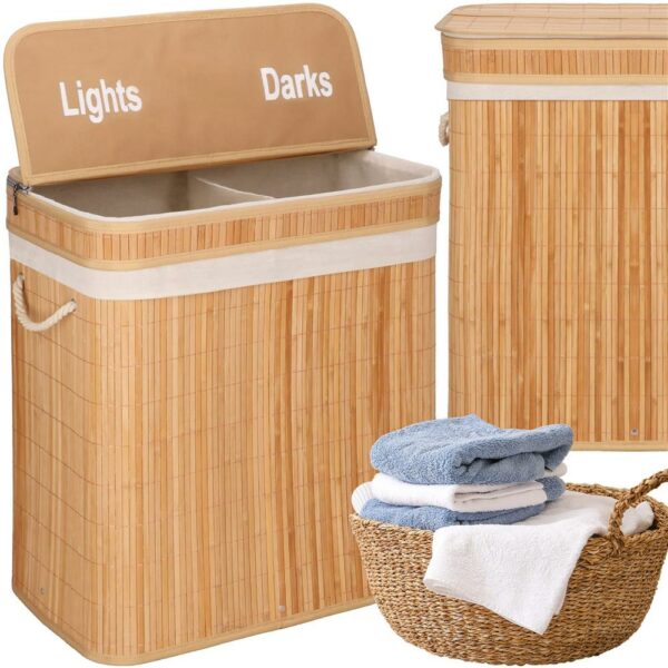 Cos de rufe din bambus cu capac, 2 compartimente, sac detasabil, volum 100L, 53x32x62cm, maro - Image 2