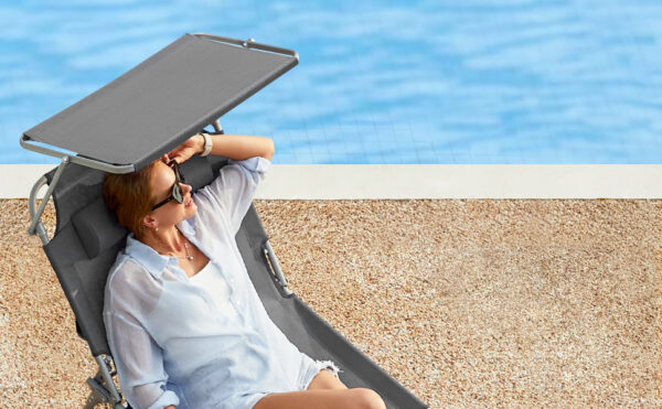 SONGMICS Sezlong pliabil, cu parasolar si tetiera, spatar reglabil in 4 pozitii, maxim 150kg, 200x71x38cm, gri - Image 2