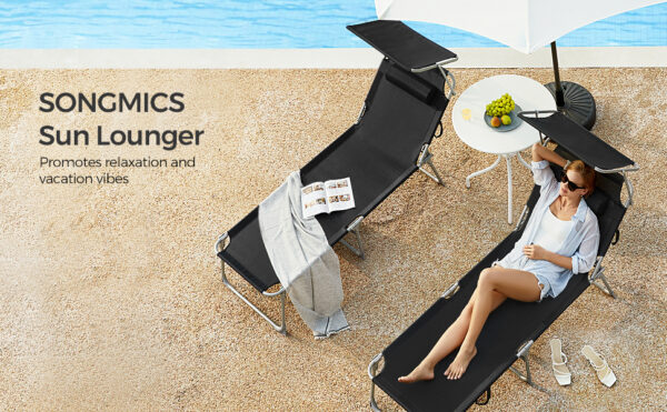 SONGMICS Sezlong pliabil, cu parasolar si tetiera, spatar reglabil in 4 pozitii, maxim 150kg, 193x53x29cm, negru - Image 10